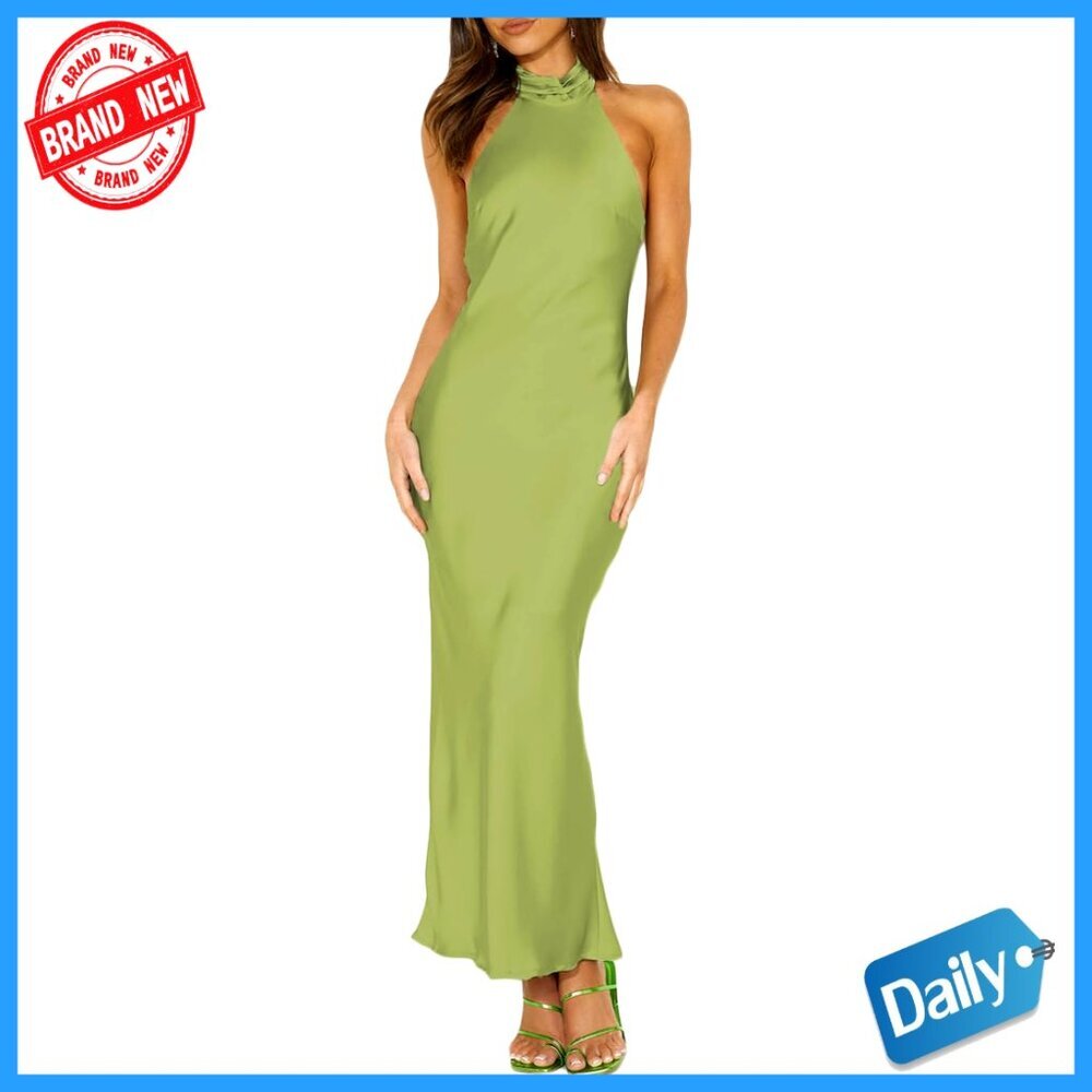 Satin Halter Maxi Dress Elegant Backless Formal Wedding Guest Summer